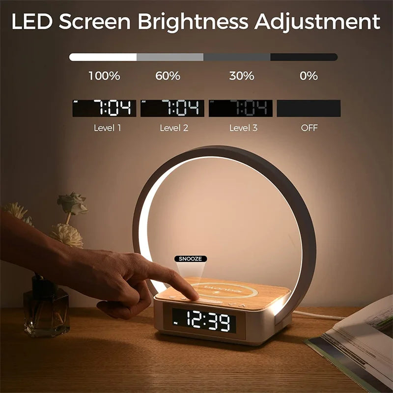 Wireless Rechargeable Bedside Lamp with Alarm Clock & Phone Charger