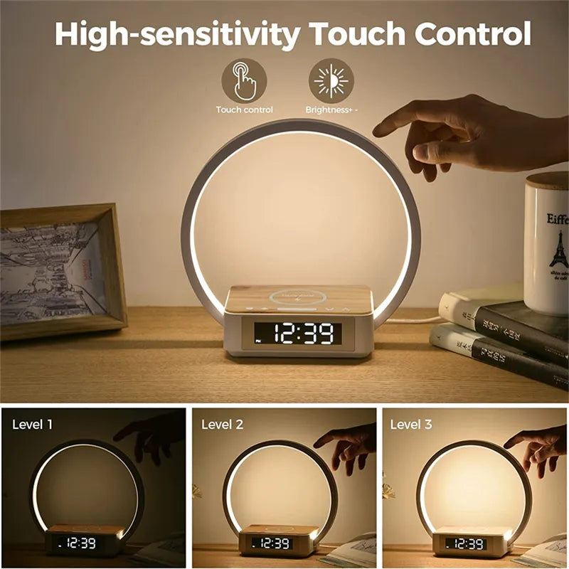 Wireless Rechargeable Bedside Lamp with Alarm Clock & Phone Charger